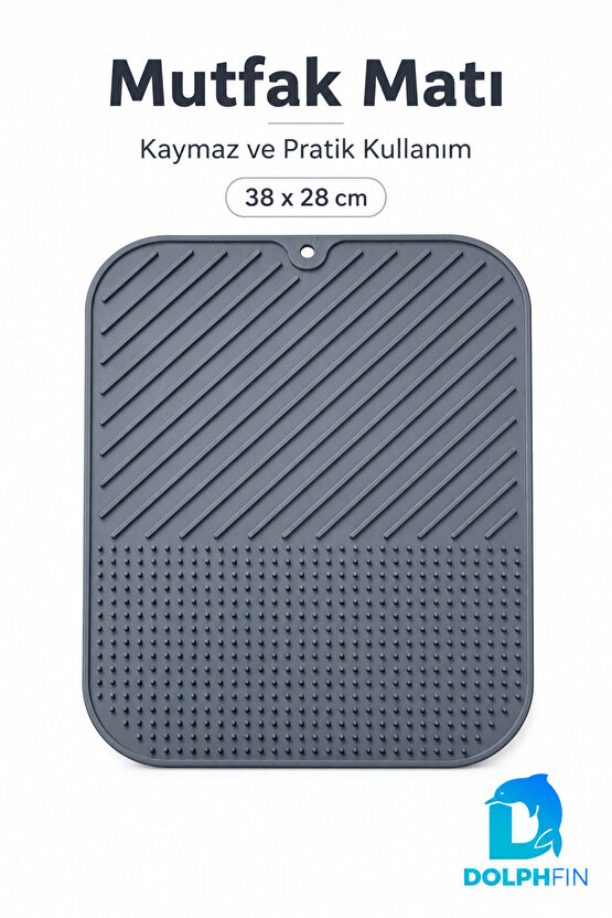 Silikon Bulaşık Kurutma Matı 38x28 cm Kaymaz Tezgâh Üstü Gri Mutfak Matı