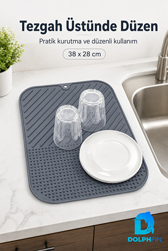 Silikon Bulaşık Kurutma Matı 38x28 cm Kaymaz Tezgâh Üstü Gri Mutfak Matı