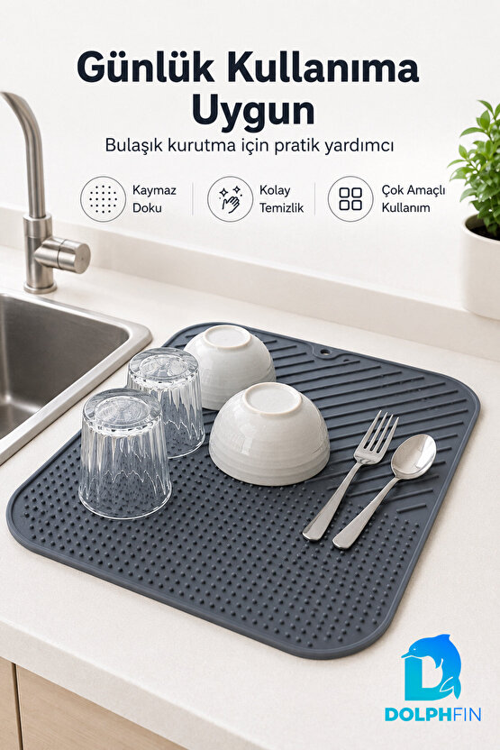 Silikon Bulaşık Kurutma Matı 38x28 cm Kaymaz Tezgâh Üstü Gri Mutfak Matı