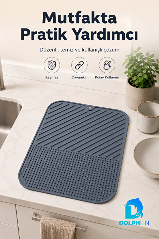 Silikon Bulaşık Kurutma Matı 38x28 cm Kaymaz Tezgâh Üstü Gri Mutfak Matı