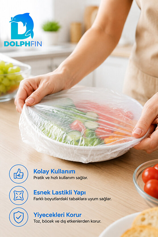 Lastikli Tabak Bonesi Şeffaf Elastik Yiyecek Koruma Örtüsü Tabak Kapatma Bonesi 100 Adet