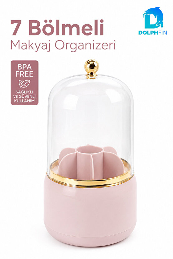 7 Bölmeli Kapaklı Makyaj Organizeri Fırça Ruj Kozmetik Düzenleyici Pembe