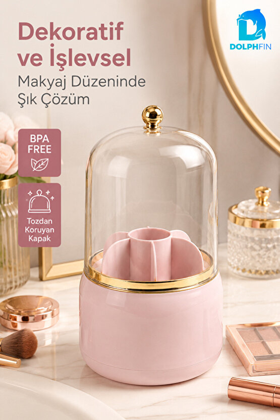 7 Bölmeli Kapaklı Makyaj Organizeri Fırça Ruj Kozmetik Düzenleyici Pembe
