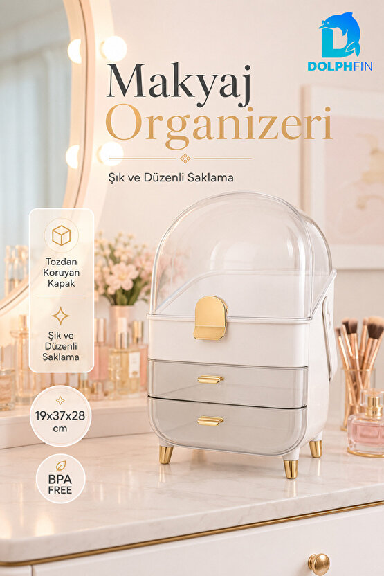 Kapaklı Makyaj Organizeri 2 Çekmeceli Taşınabilir Kozmetik Düzenleyici Beyaz