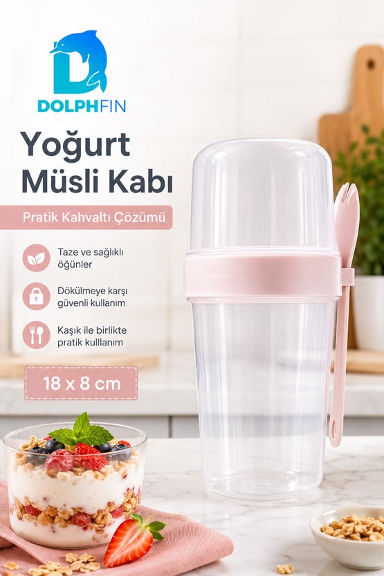 Yoğurt Müsli Kabı Kaşıklı Çift Bölmeli Sızdırmaz Taşınabilir Pembe 18x8 cm