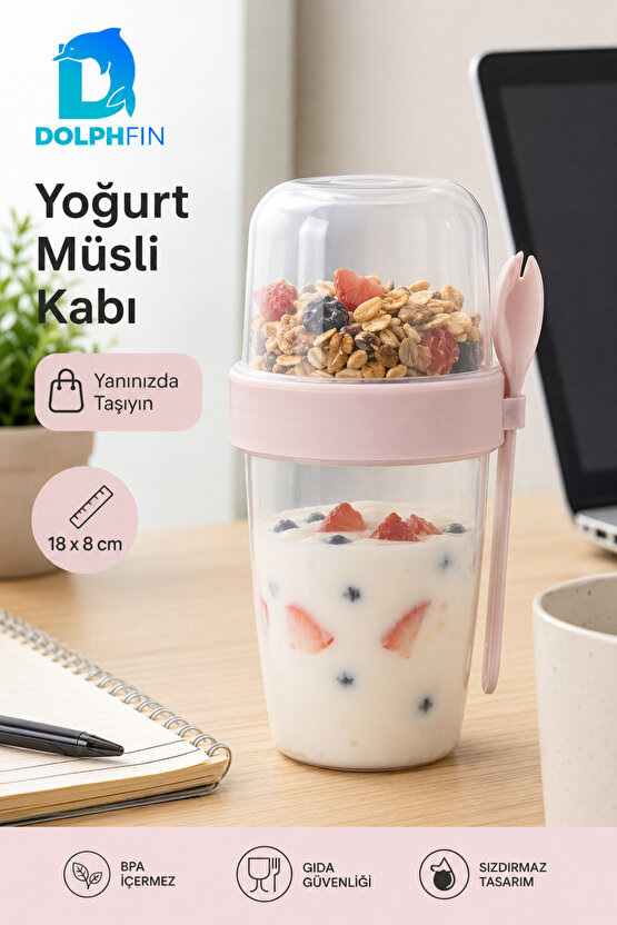 Yoğurt Müsli Kabı Kaşıklı Çift Bölmeli Sızdırmaz Taşınabilir Pembe 18x8 cm