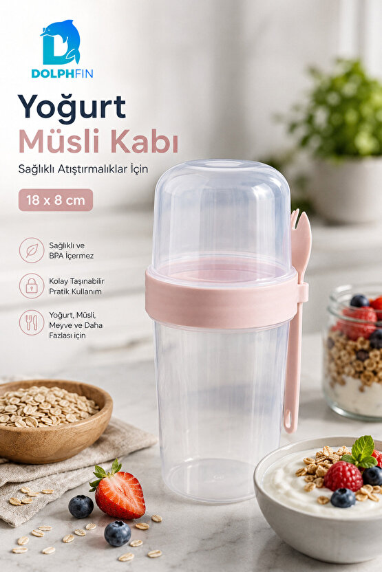 Yoğurt Müsli Kabı Kaşıklı Çift Bölmeli Sızdırmaz Taşınabilir Pembe 18x8 cm