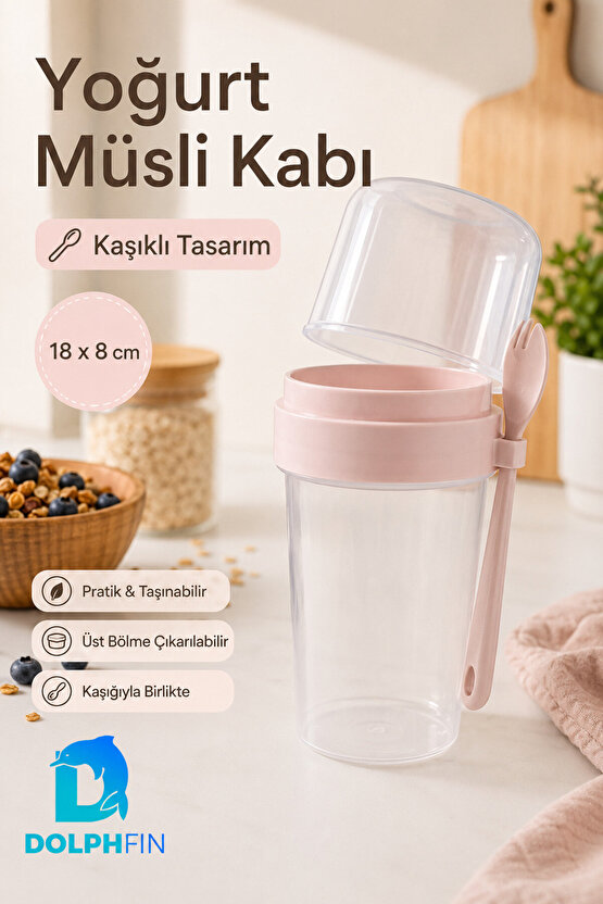 Yoğurt Müsli Kabı Kaşıklı Çift Bölmeli Sızdırmaz Taşınabilir Pembe 18x8 cm