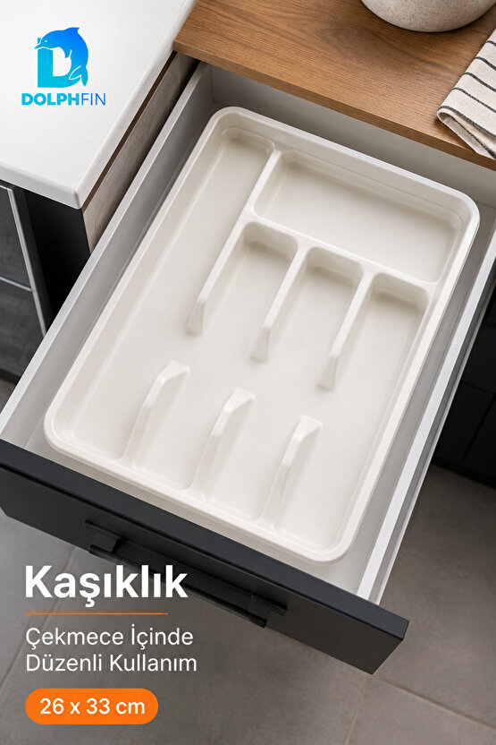 26x33 cm Bölmeli Kaşıklık Beyaz Çekmece İçi Çatal Kaşık Bıçak Düzenleyici Organizer