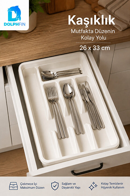 26x33 cm Bölmeli Kaşıklık Beyaz Çekmece İçi Çatal Kaşık Bıçak Düzenleyici Organizer