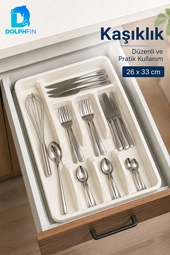 26x33 cm Bölmeli Kaşıklık Beyaz Çekmece İçi Çatal Kaşık Bıçak Düzenleyici Organizer