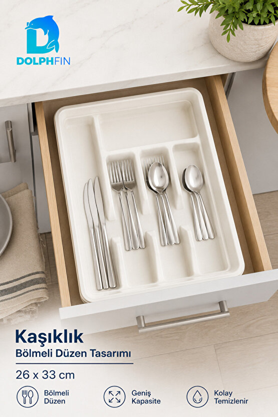 26x33 cm Bölmeli Kaşıklık Beyaz Çekmece İçi Çatal Kaşık Bıçak Düzenleyici Organizer