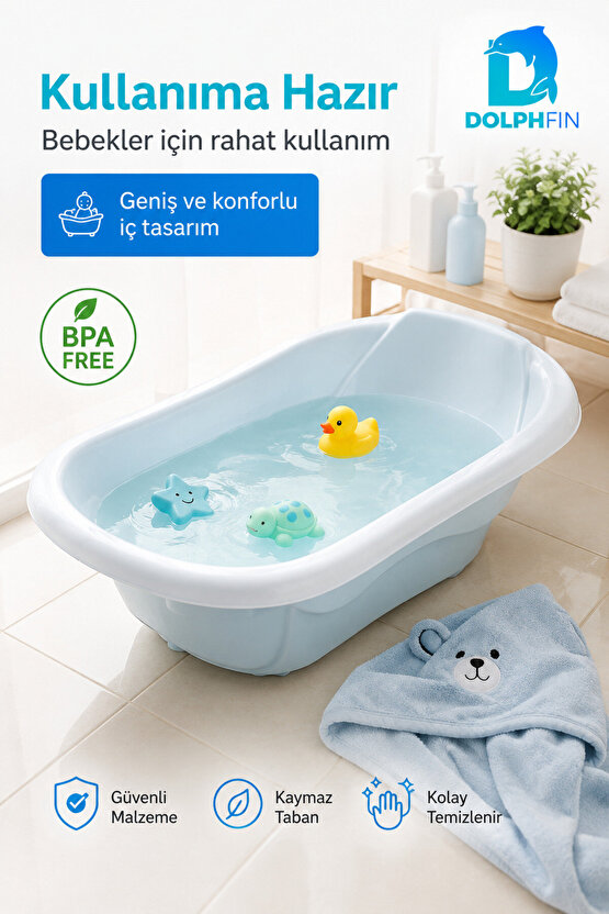 Bebek Küveti BPA Free Ergonomik Geniş İç Hacimli Kaymaz Tabanlı Mavi Banyo Küveti