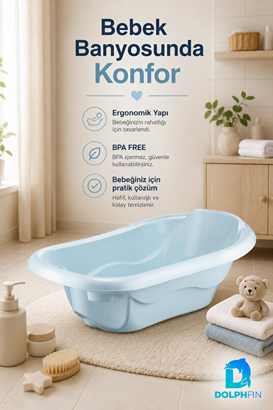 Bebek Küveti BPA Free Ergonomik Geniş İç Hacimli Kaymaz Tabanlı Mavi Banyo Küveti