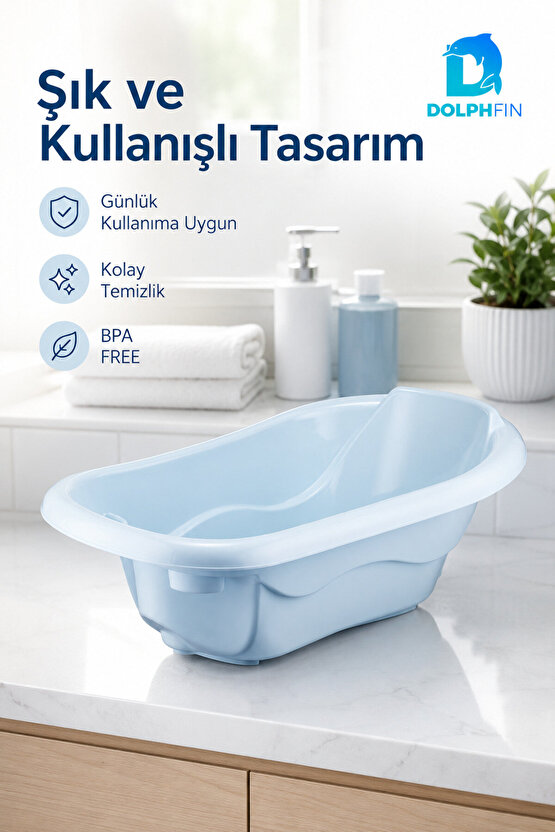 Bebek Küveti BPA Free Ergonomik Geniş İç Hacimli Kaymaz Tabanlı Mavi Banyo Küveti