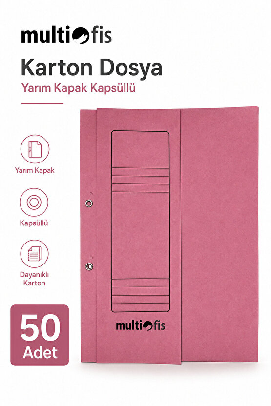 MultiOfis Yarım Kapak Kapsüllü Karton Dosya Pembe 50li Paket