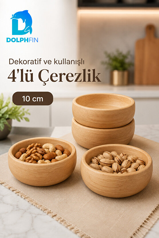 4’lü Doğal Ahşap Çerezlik Kase Seti 10 cm Kuruyemiş ve Atıştırmalık Sunum Kasesi
