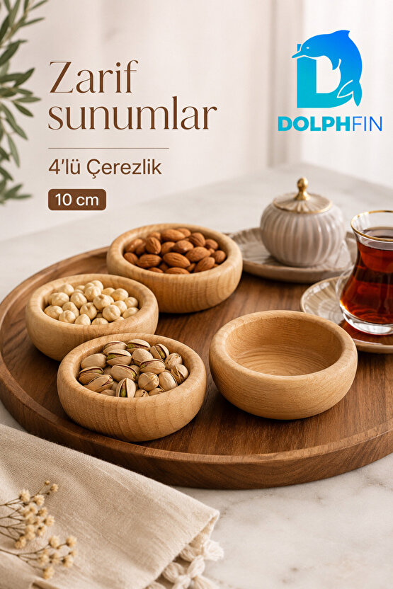 4’lü Doğal Ahşap Çerezlik Kase Seti 10 cm Kuruyemiş ve Atıştırmalık Sunum Kasesi