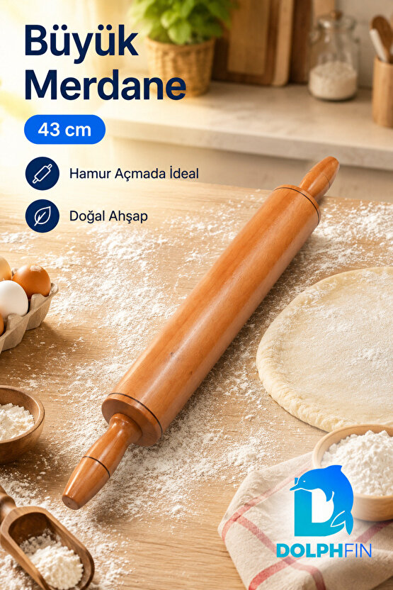Büyük Boy Ahşap Merdane 43 cm Çift Saplı Hamur Açma Oklavası