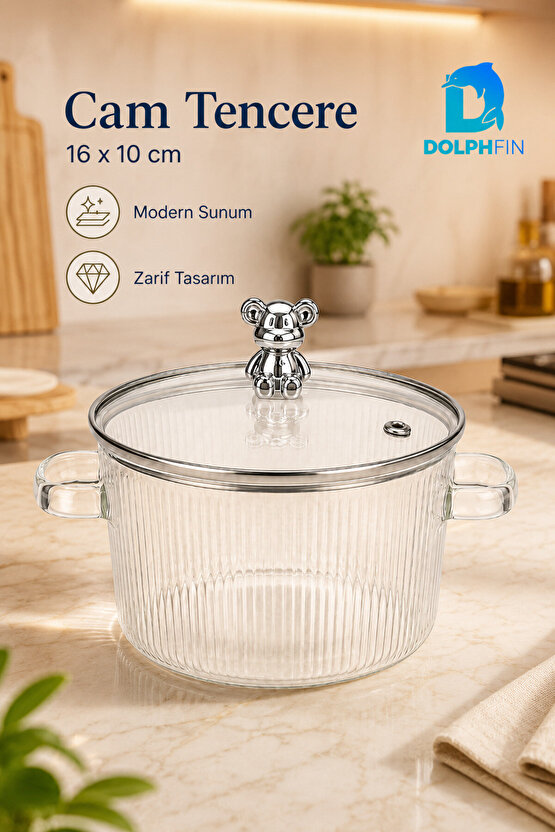 Cam Tencere Kapaklı Ayıcık Figürlü Kulplu Şeffaf 16x10 cm