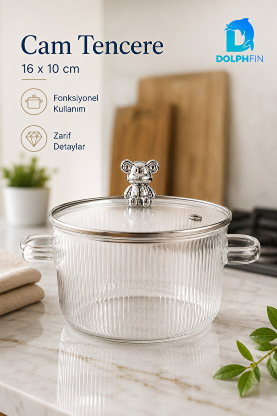 Cam Tencere Kapaklı Ayıcık Figürlü Kulplu Şeffaf 16x10 cm