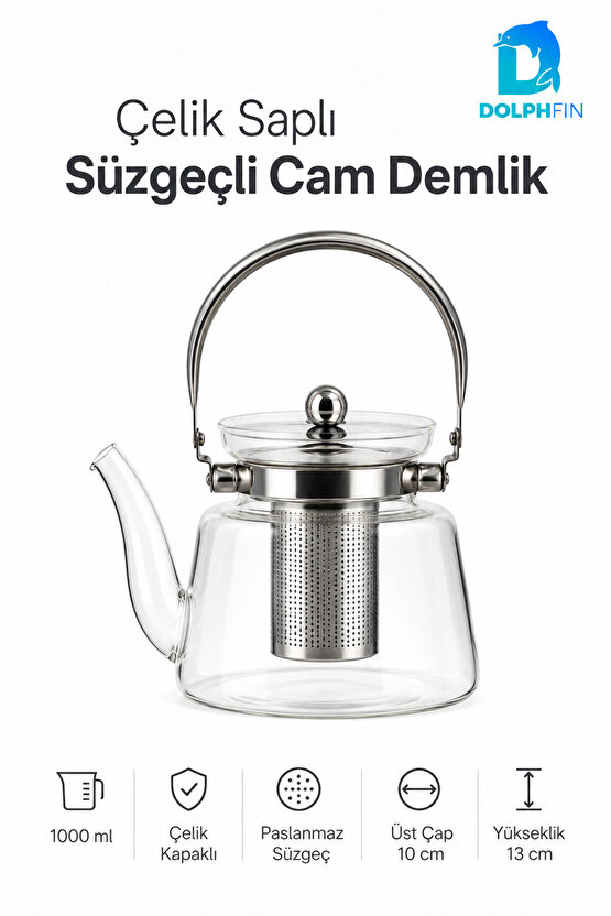 1000 ml Süzgeçli Cam Demlik Çelik Saplı Paslanmaz Filtreli Çaydanlık