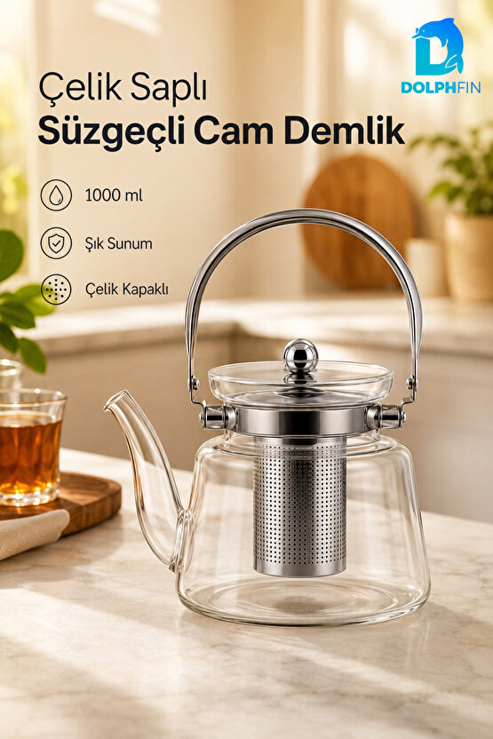 1000 ml Süzgeçli Cam Demlik Çelik Saplı Paslanmaz Filtreli Çaydanlık