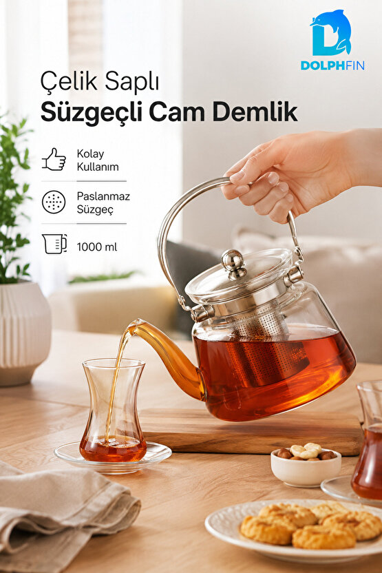 1000 ml Süzgeçli Cam Demlik Çelik Saplı Paslanmaz Filtreli Çaydanlık