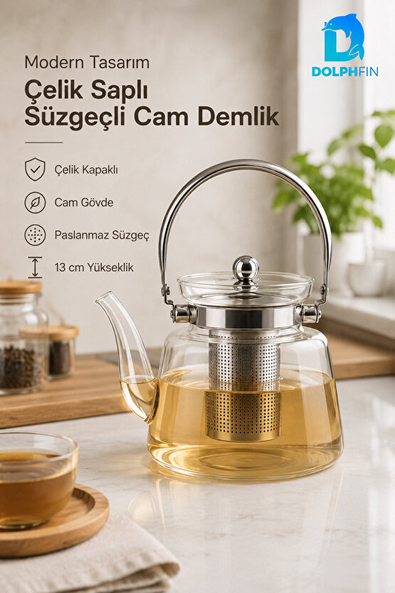 1000 ml Süzgeçli Cam Demlik Çelik Saplı Paslanmaz Filtreli Çaydanlık