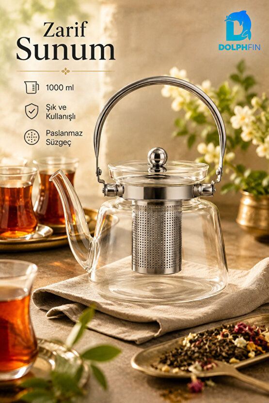 1000 ml Süzgeçli Cam Demlik Çelik Saplı Paslanmaz Filtreli Çaydanlık