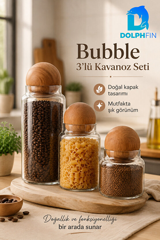 Bubble 3’lü Cam Kavanoz Seti Küre Ahşap Kapaklı Erzak Saklama Kabı