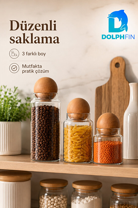 Bubble 3’lü Cam Kavanoz Seti Küre Ahşap Kapaklı Erzak Saklama Kabı