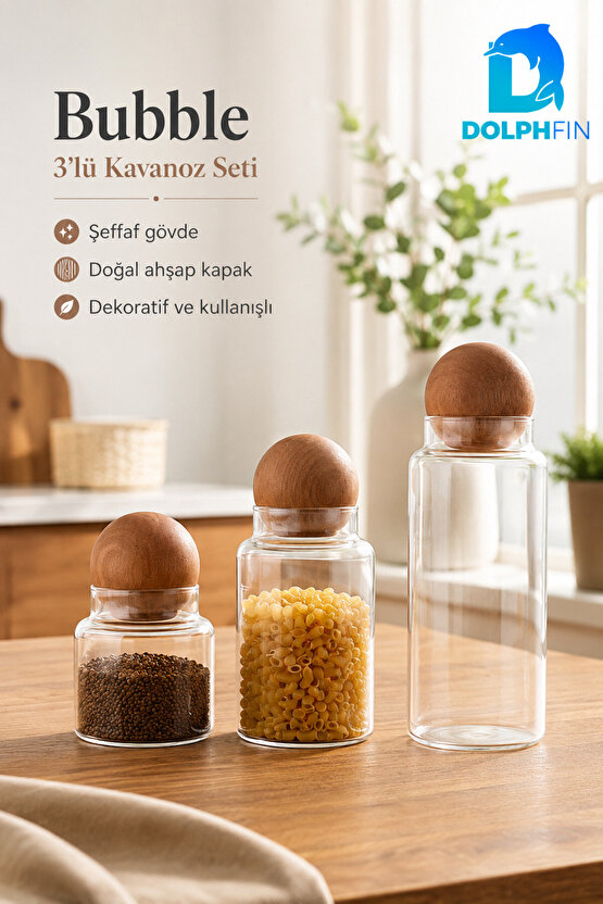 Bubble 3’lü Cam Kavanoz Seti Küre Ahşap Kapaklı Erzak Saklama Kabı