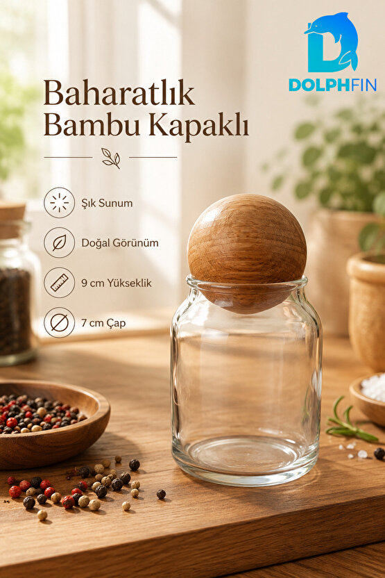 Cam Baharatlık Kavanozu Küre Bambu Kapaklı 9x7 cm