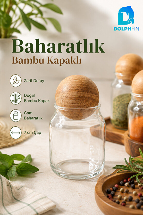 Cam Baharatlık Kavanozu Küre Bambu Kapaklı 9x7 cm