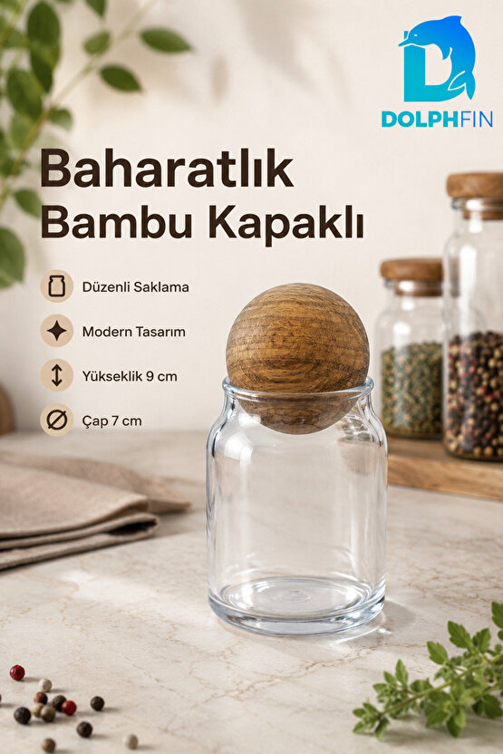 Cam Baharatlık Kavanozu Küre Bambu Kapaklı 9x7 cm
