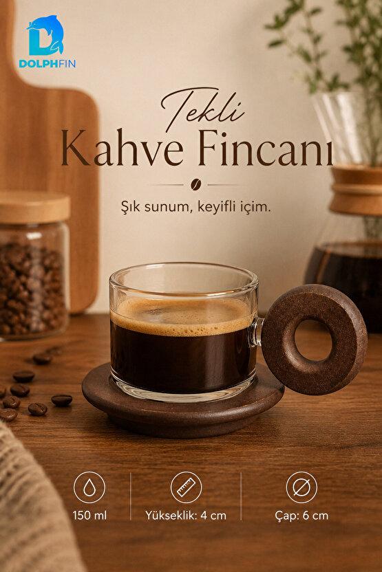 150 ml Ahşap Kulplu Cam Kahve Fincanı Ahşap Tabaklı 4 cm