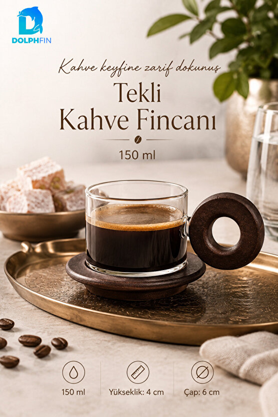 150 ml Ahşap Kulplu Cam Kahve Fincanı Ahşap Tabaklı 4 cm