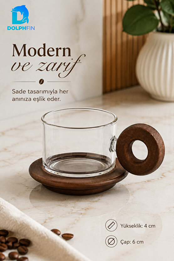 150 ml Ahşap Kulplu Cam Kahve Fincanı Ahşap Tabaklı 4 cm