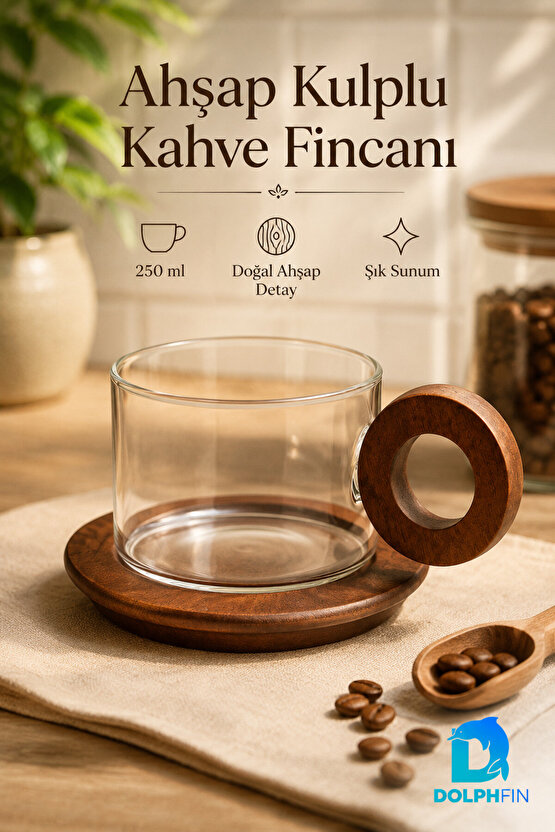 250 ml Ahşap Kulplu Cam Kahve Fincanı Ahşap Tabaklı 8 cm
