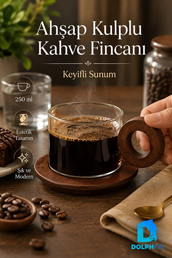 250 ml Ahşap Kulplu Cam Kahve Fincanı Ahşap Tabaklı 8 cm