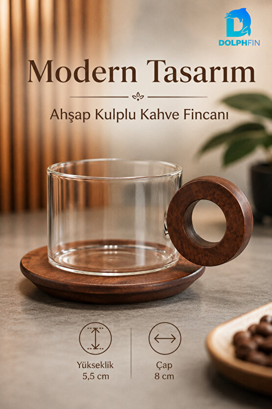 250 ml Ahşap Kulplu Cam Kahve Fincanı Ahşap Tabaklı 8 cm