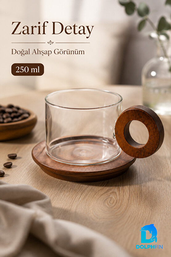 250 ml Ahşap Kulplu Cam Kahve Fincanı Ahşap Tabaklı 8 cm
