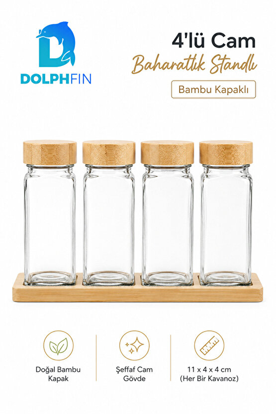 4’lü Cam Baharatlık Seti Bambu Kapaklı Standlı 11x4x4 cm