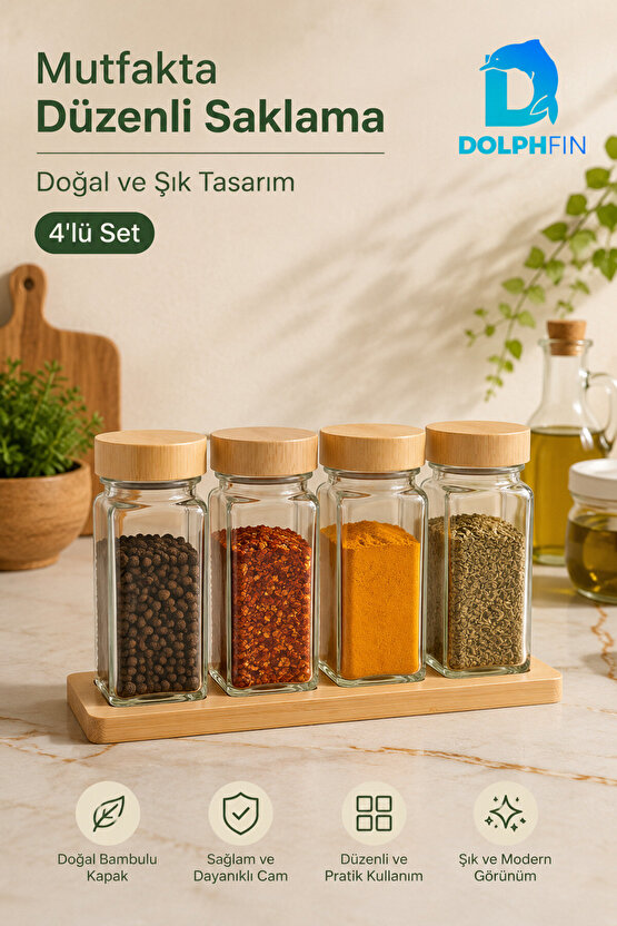 4’lü Cam Baharatlık Seti Bambu Kapaklı Standlı 11x4x4 cm