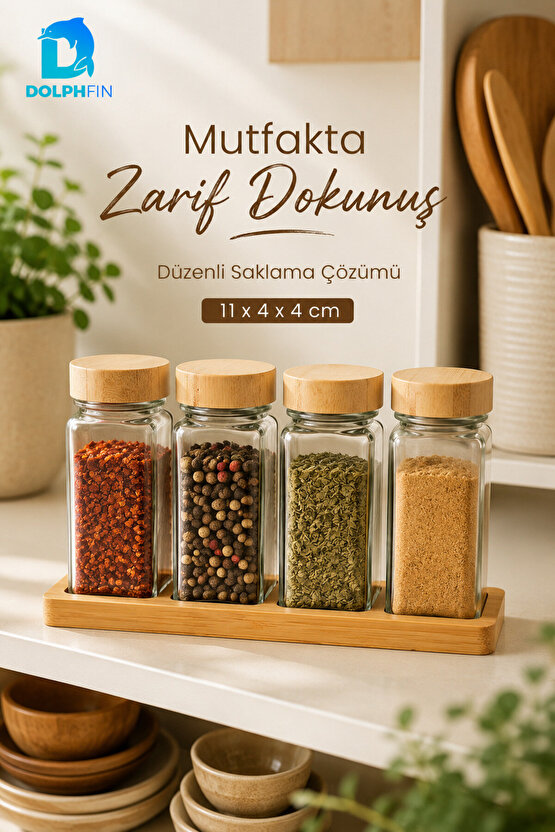4’lü Cam Baharatlık Seti Bambu Kapaklı Standlı 11x4x4 cm