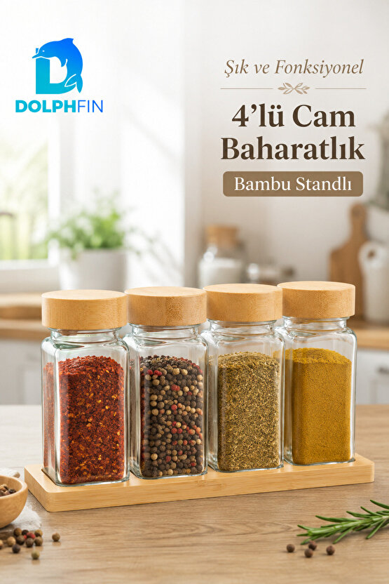 4’lü Cam Baharatlık Seti Bambu Kapaklı Standlı 11x4x4 cm