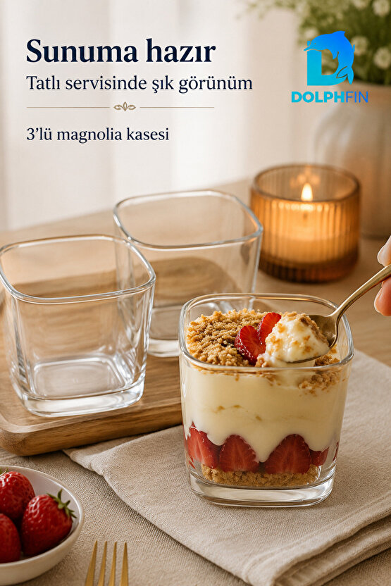 3’lü Cam Magnolia Kasesi 8x8 cm Kare Tatlı Sunum Kase Seti