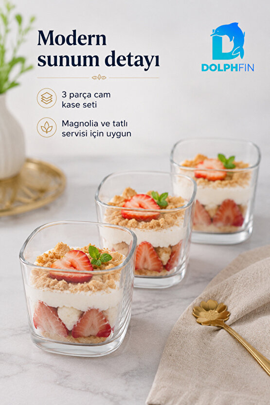 3’lü Cam Magnolia Kasesi 8x8 cm Kare Tatlı Sunum Kase Seti