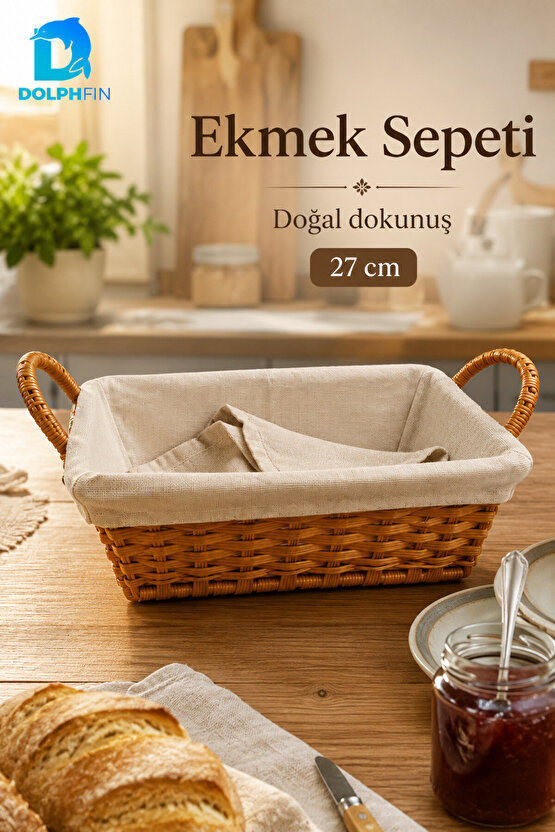 27 cm Hasır Ekmek Sepeti Kumaş Astarlı Kulplu Dikdörtgen Sunum Sepeti